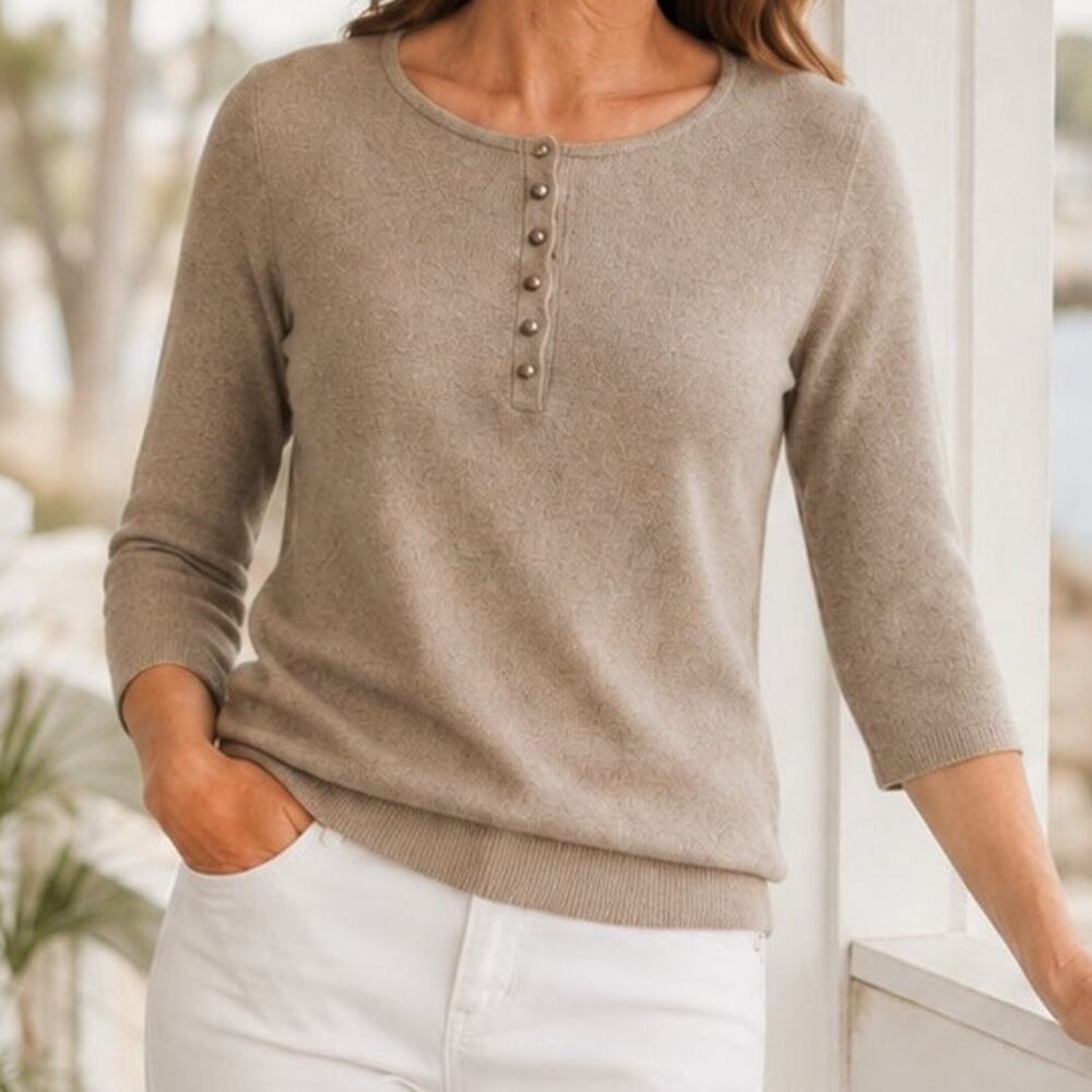 1.2.3 Paris Wool Cashmere Sweater Women’s Small Taupe Henley Pearl Buttons
